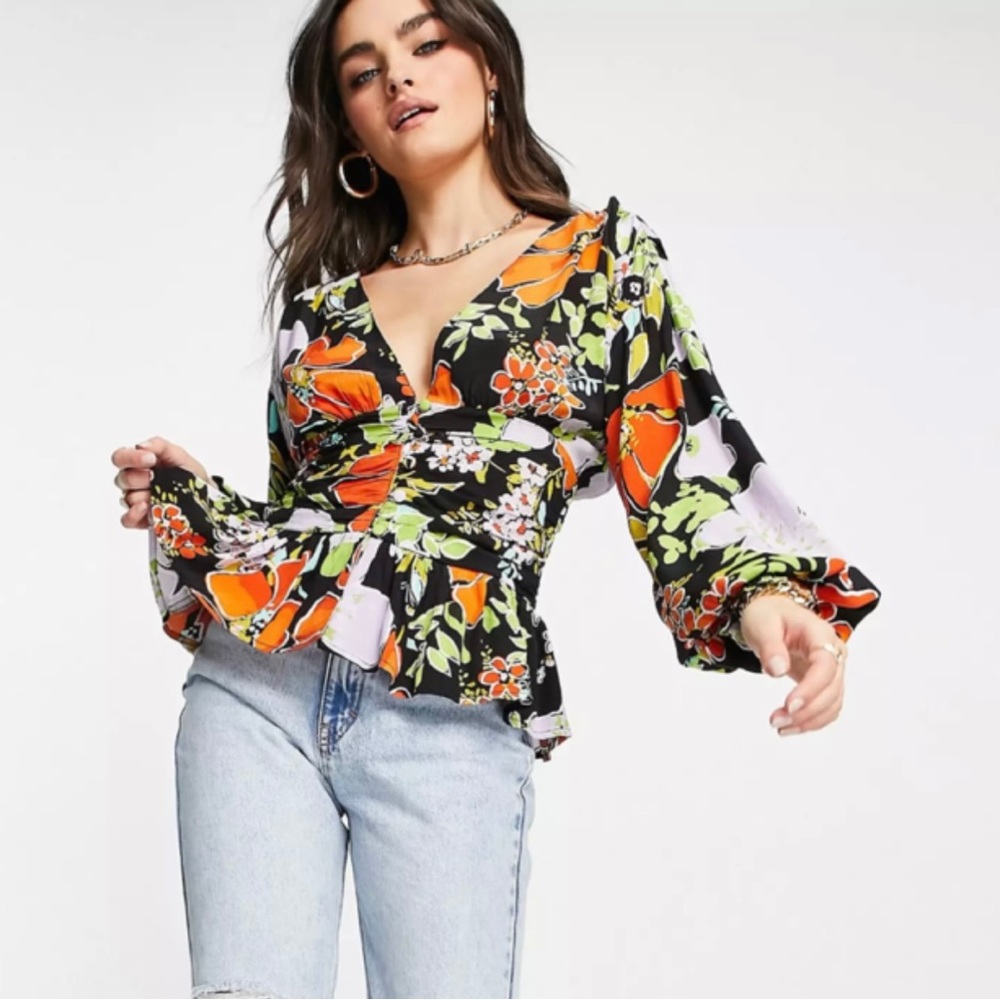 ASOS Button Through Floral Print Long Sleeve Tea Blouse